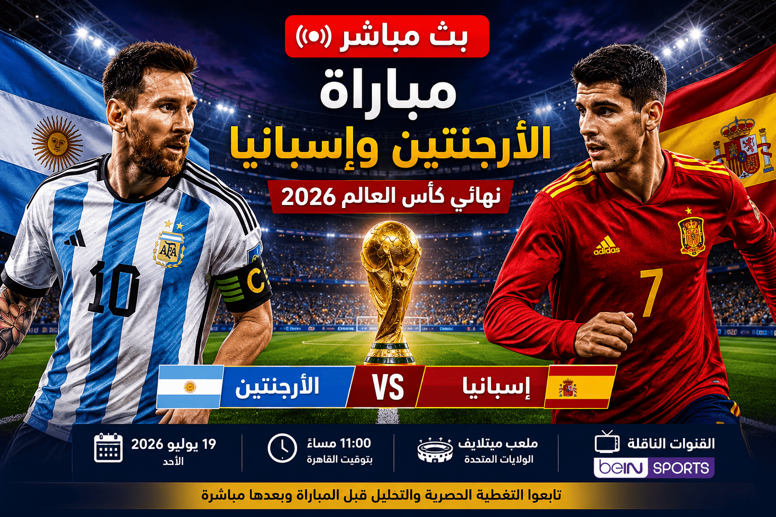 بث مباشر مباراة الأرجنتين وإسبانيا في نهائي كأس العالم 2026 بين منتخبي الأرجنتين وإسبانيا داخل ملعب ميتلايف.
