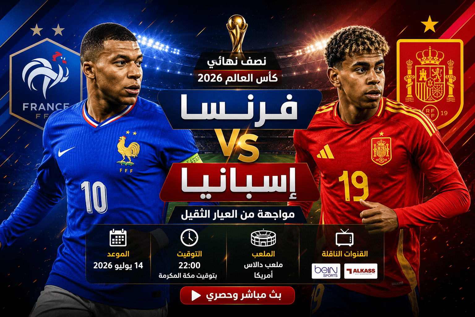 مشاهدة مباراة فرنسا وإسبانيا في نصف نهائي كأس العالم 2026 بين منتخبي فرنسا وإسبانيا مع موعد المباراة والقنوات الناقلة.