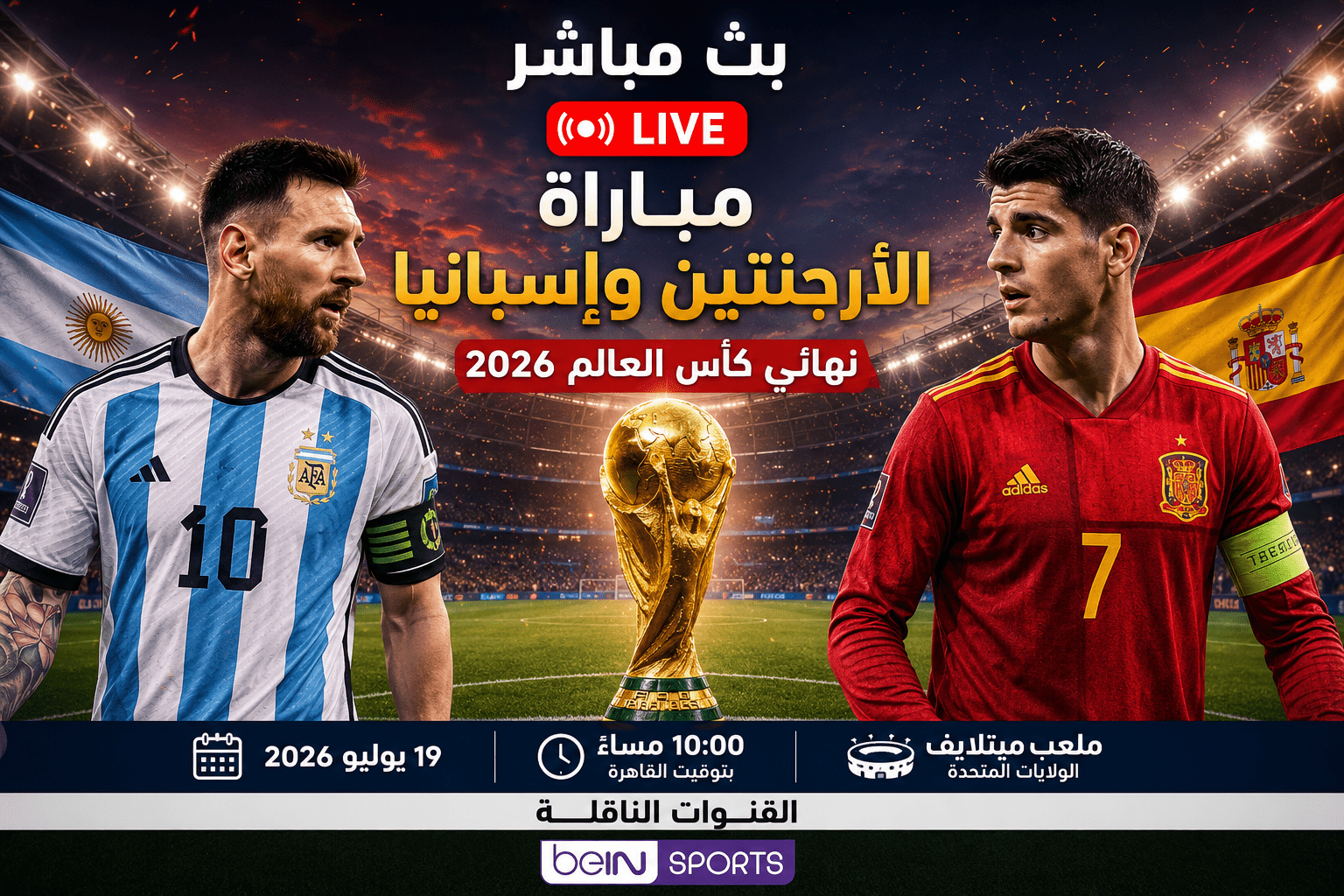 بث مباشر مباراة الأرجنتين وإسبانيا في نهائي كأس العالم 2026 داخل ملعب ميتلايف